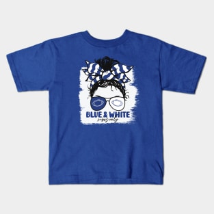 Blue and White Vibes Only Football Mom Messy Hair Gameday Kids T-Shirt